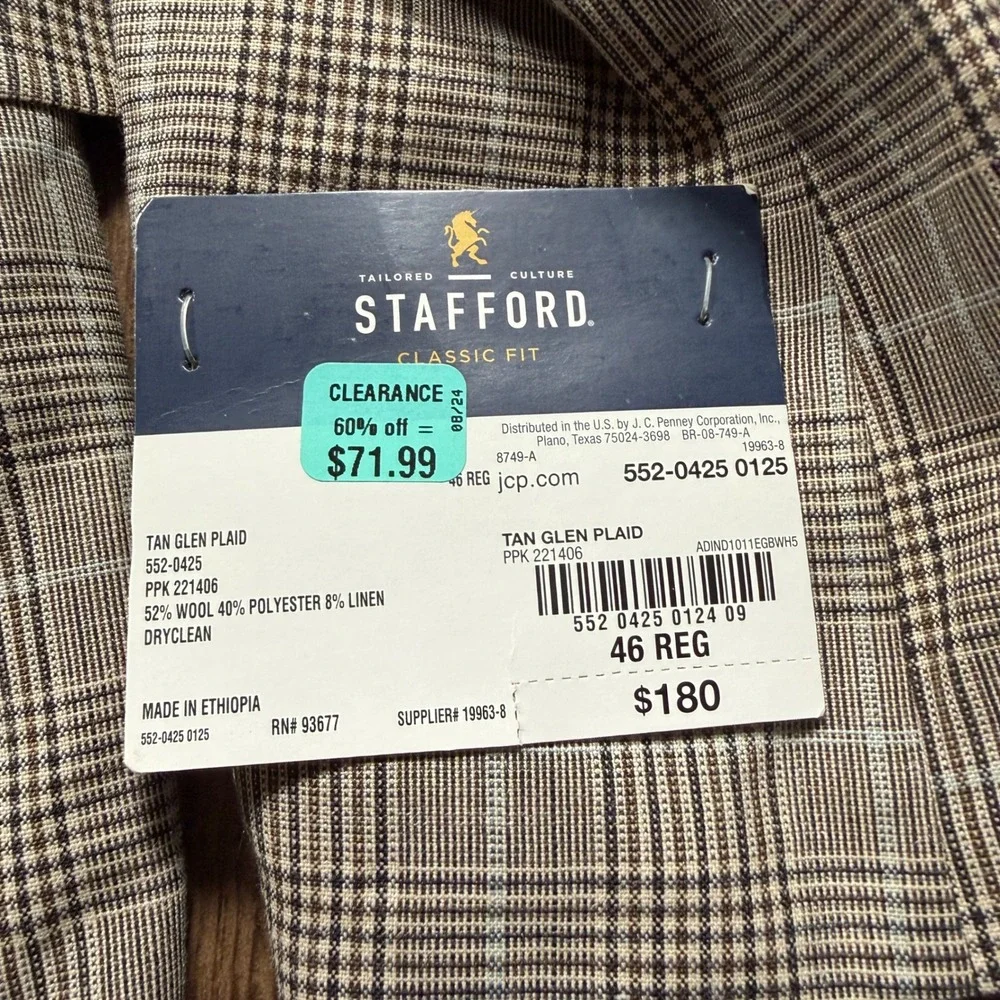 Stafford Luxury Sport Coat Men 46R Brown Glen Plaid Linen Blend Unstructured NWT